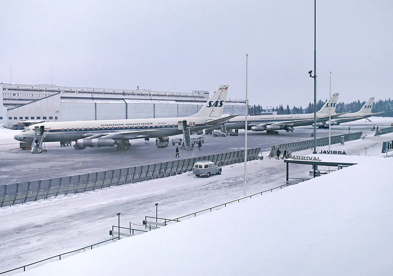 Three Scandinavian Airlines System (SAS) Douglas DC-8-33 at Stockholm-Arlanda Airport, consisting of (from the front) OY-KTA Dan Viking (-33), SE-DBA Rurik Viking and SE-DBB Ottar Viking .
