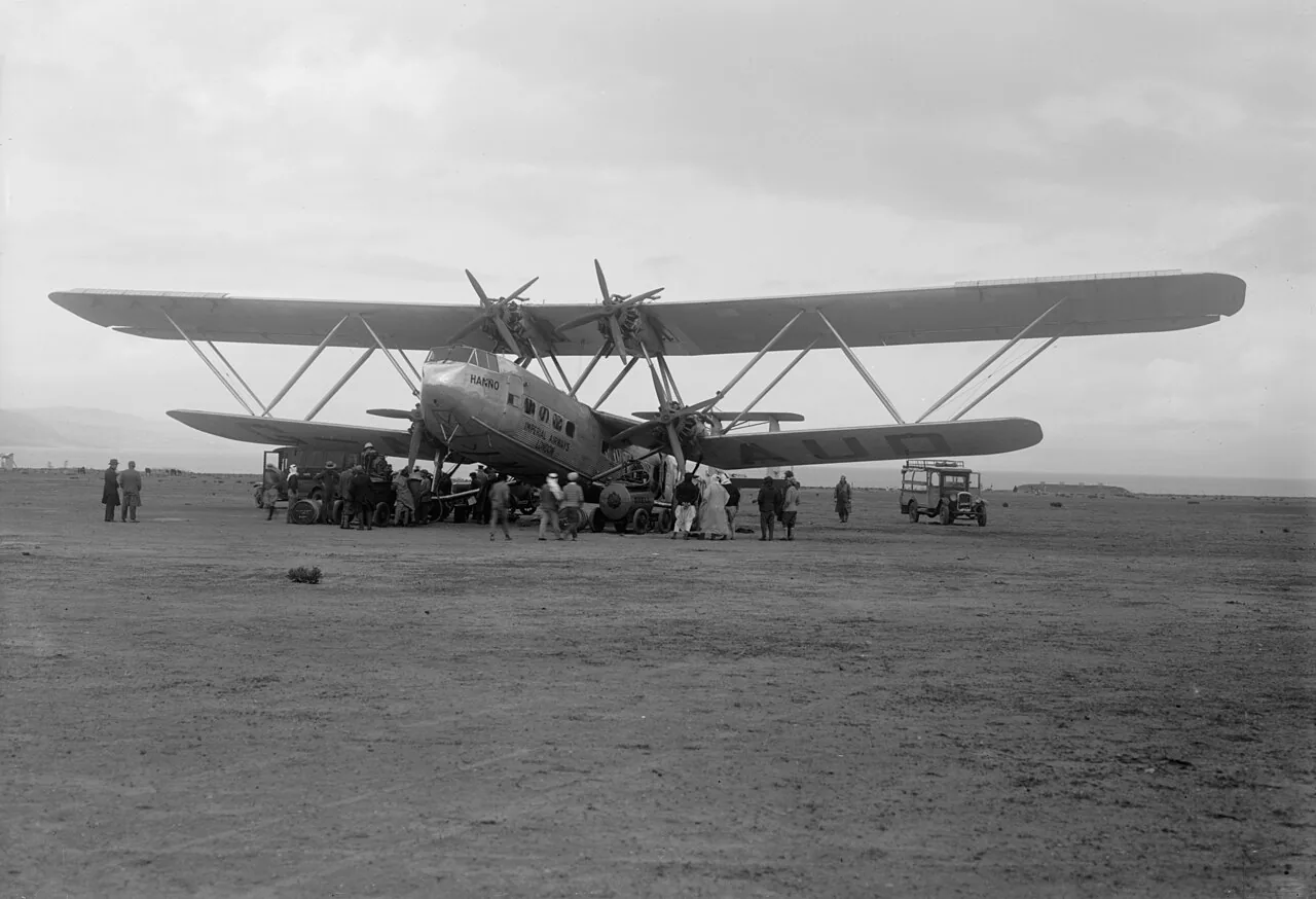 Handley Page H.P.42, british four-engined long-range biplane airliner of the Imperial Airways, at Samakh , October 1931 . Original description: "Air views of Palestine. Aircrafts etc. of the Imperial Airways Ltd., on the