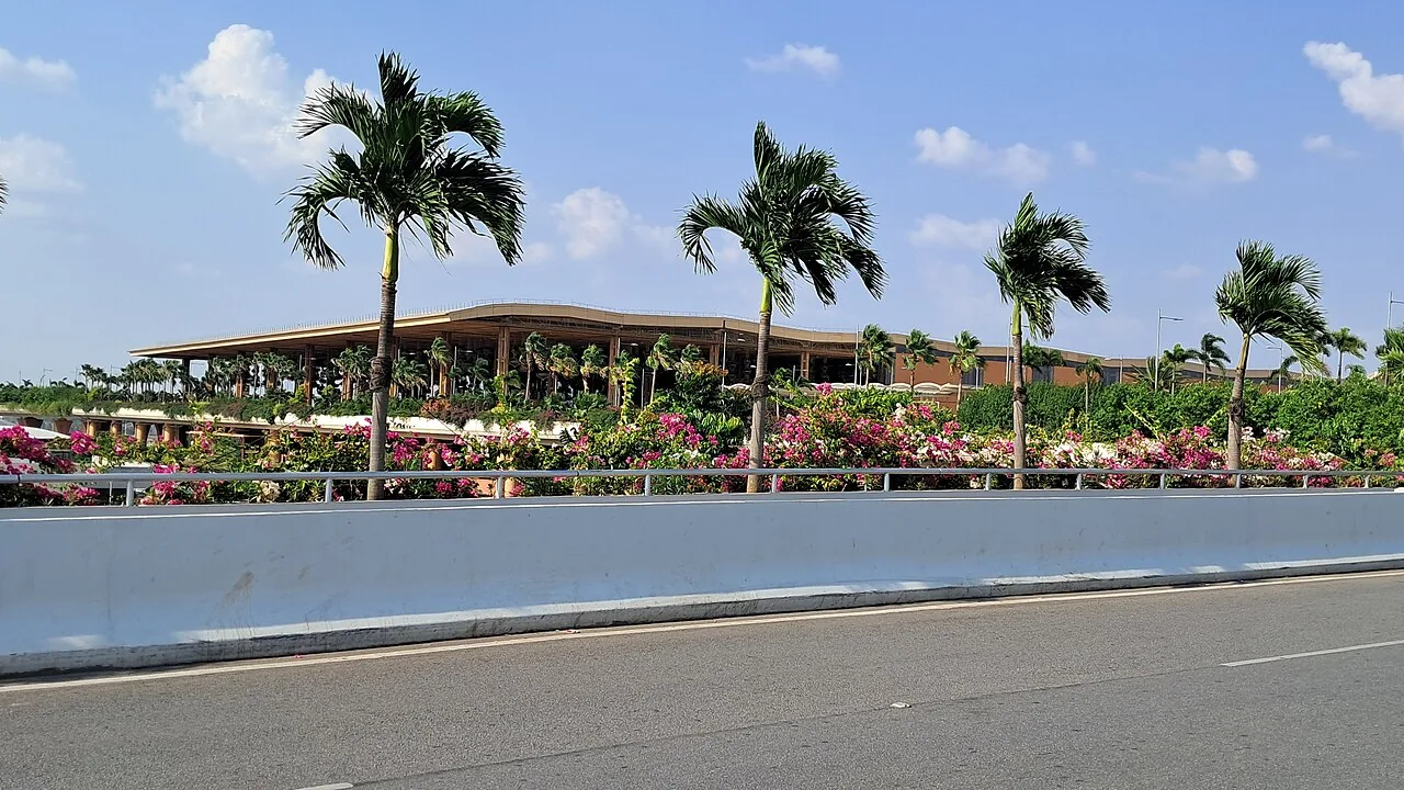 Front view of Terminal 2 Departure of Kempegowda International Airport in Bengaluru, India