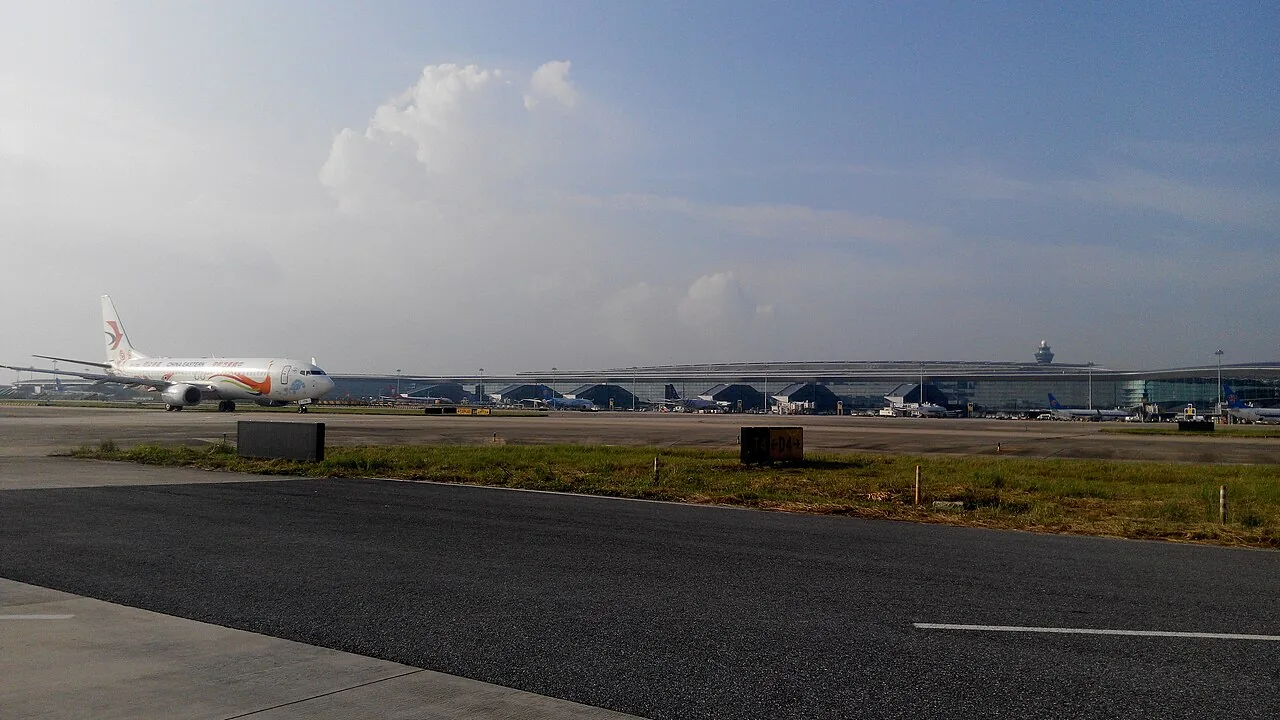 A view of Terminal 2 in Guangzhou Baiyun International Airport on the runway.