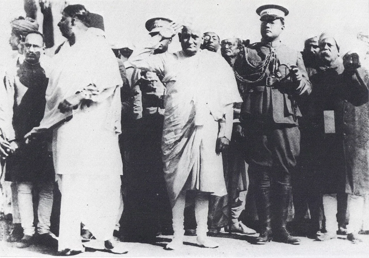Subhas Chandra Bose , in military uniform, as GOC (General Officer Commanding) the Congress Volunteer Corps, Indian National Congress , Calcutta, 1928. Taking the salute in the center is Motilal Nehru , president of the 