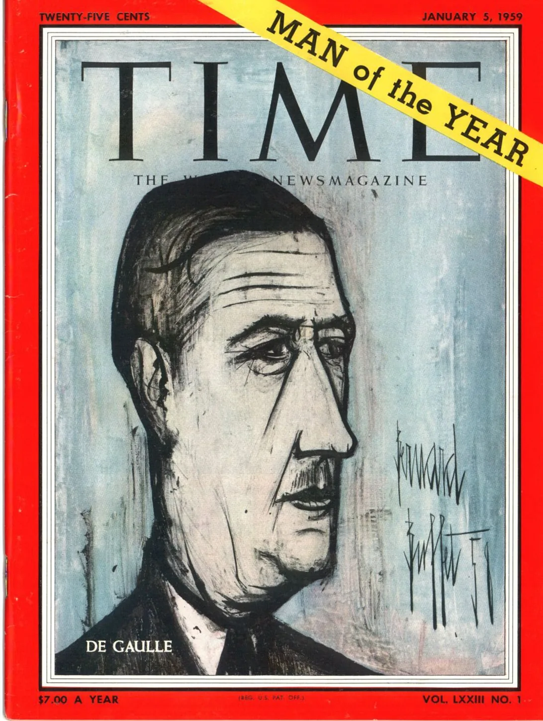 Time magazine, Volume 73 Issue 1. Front cover is an illustration of Charles de Gaulle.
