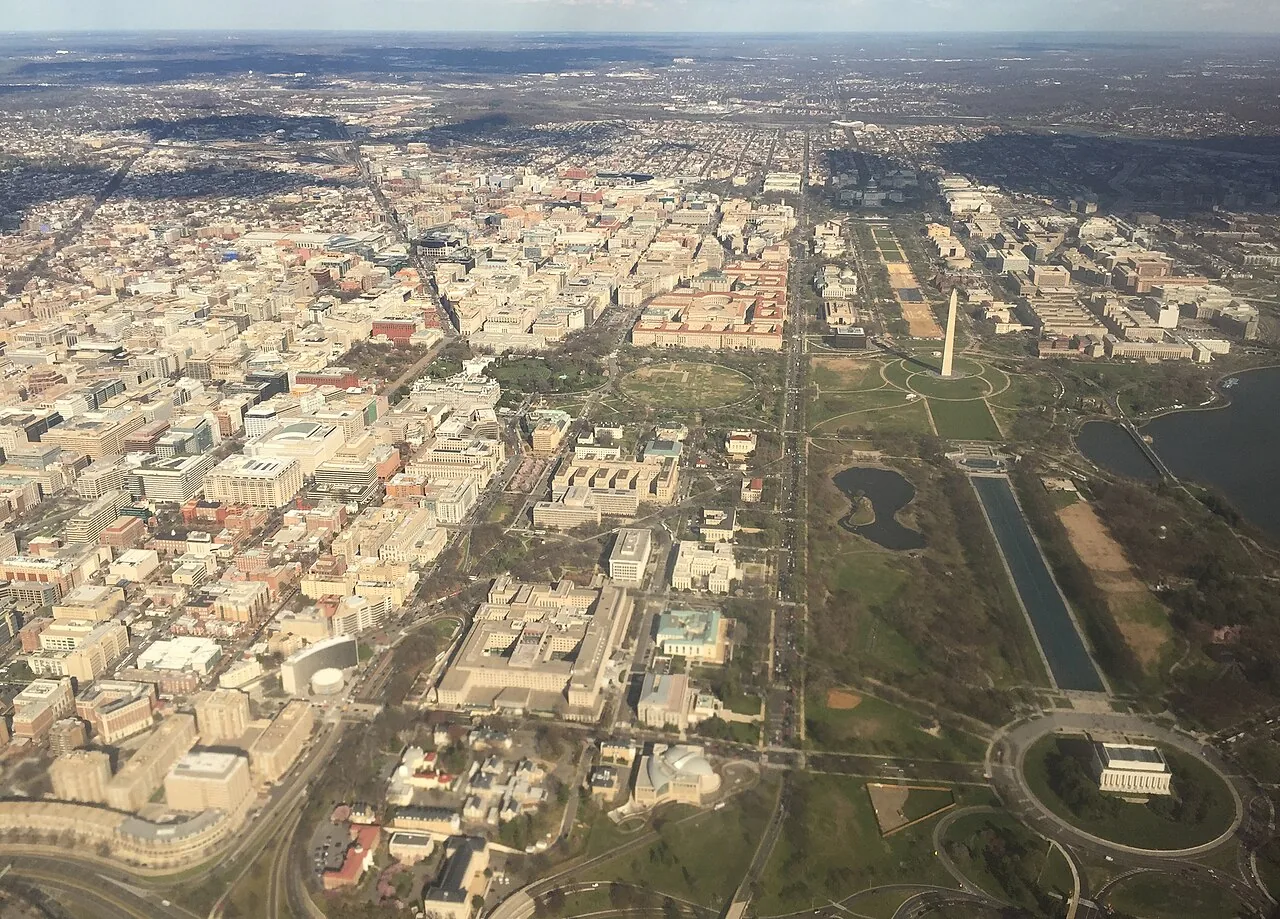 View of Washington, DC from an airplane departing Ronald Reagan Washington National Airport, with DAR Constitution Hall at the center