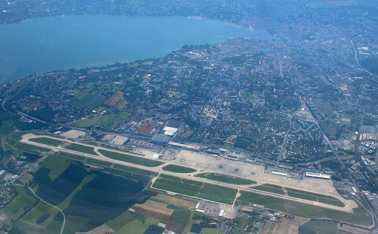 Geneva International Airport, with the city of Geneva in the background