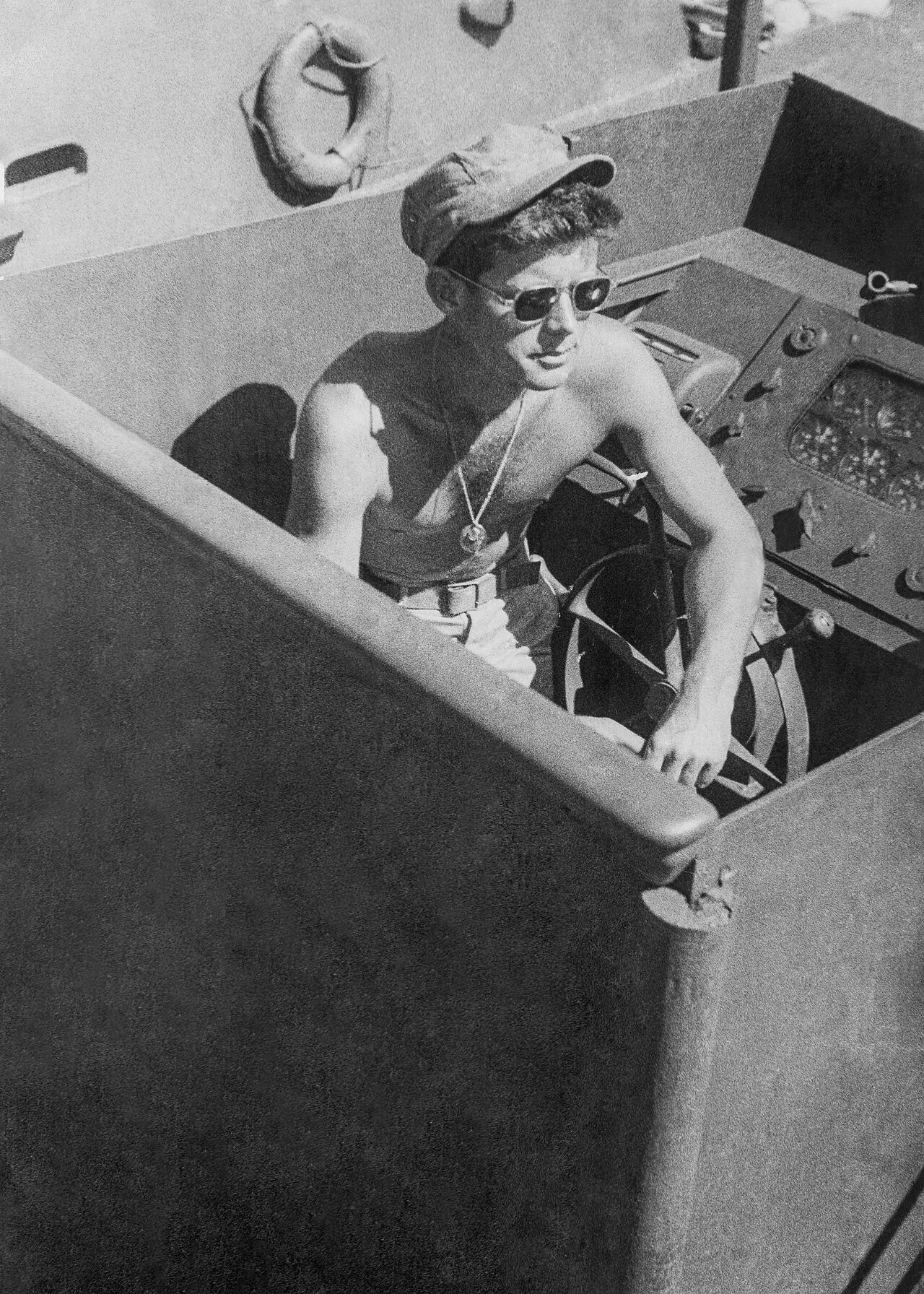 Lt. John F. Kennedy aboard the PT-109 in the South Pacific, 1943.