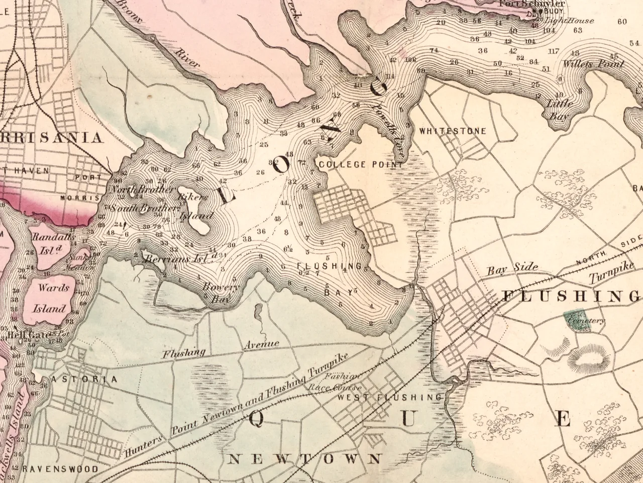 Excerpt from 1866 map of the bays, harbors, and rivers around New York, including Bowery Bay and Flushing Bay - via US Library of Congress control no. 90684517