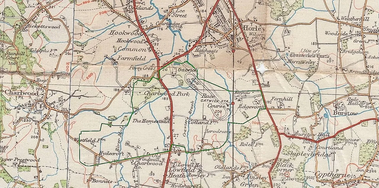 Map of the local area later superimposed with the outline of Gatwick Airport boundary, in green. The map without this addition dates to between the 1920s and 1950s. Author: Chris Cogdon Based on a CC-BY-SA-2.5 licensed i