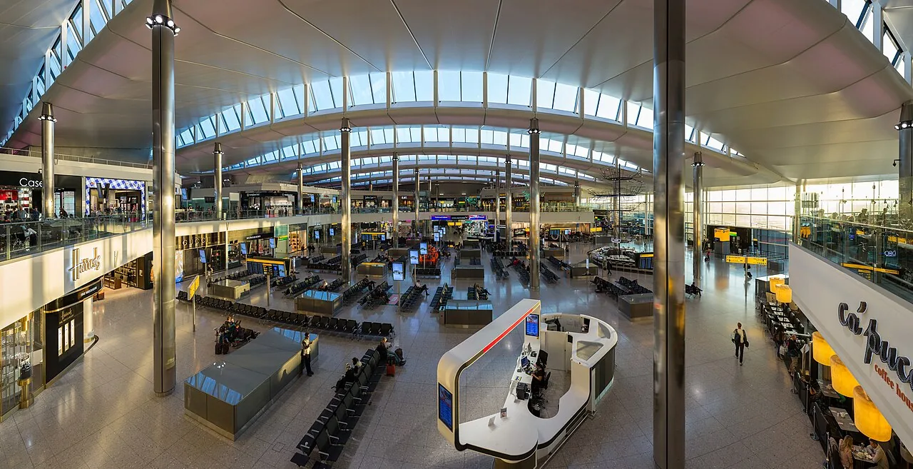 The central departures waiting area of Heathrow Terminal 2 (Queen's Terminal) in London, England. It was opened in 2014.