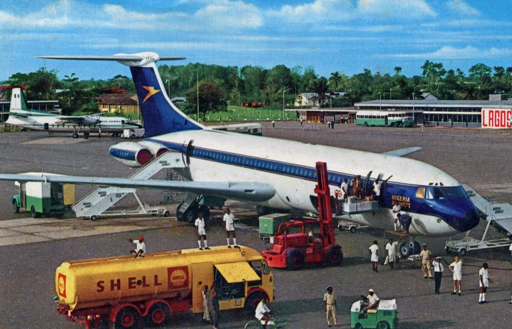 Ikeja Airport, Lagos, in 1969. International terminal (right). Domestic terminal (left). Nigeria Airways Vickers VC-10, leased from BOAC, in foreground.