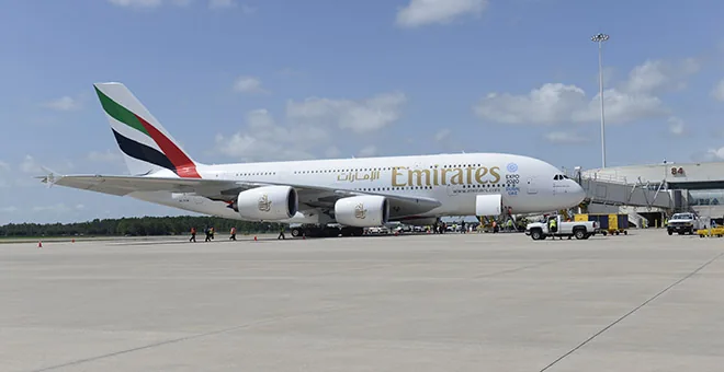 The first Emirates flight to Orlando International Airport (Flight 219 from Dubai) at the gate on 1 September 2015. The inaugural flight was made with an Airbus A380 aircraft, but the route will be operated by a Boeing 7