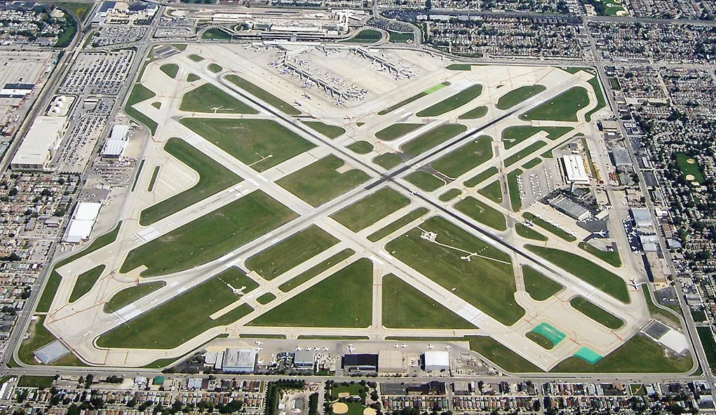 An Aerial view facing east of Chicago Midway International Airport , a.k.a. the world's "Busiest Square Mile." Photo taken and used with permission by: Chris Bungo This photo can be found at: http://www.airliners.net/ope