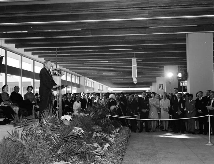 Prime Minister John Gorton giving a speech at the opening of Melbourne Airport on 1 July 1970.