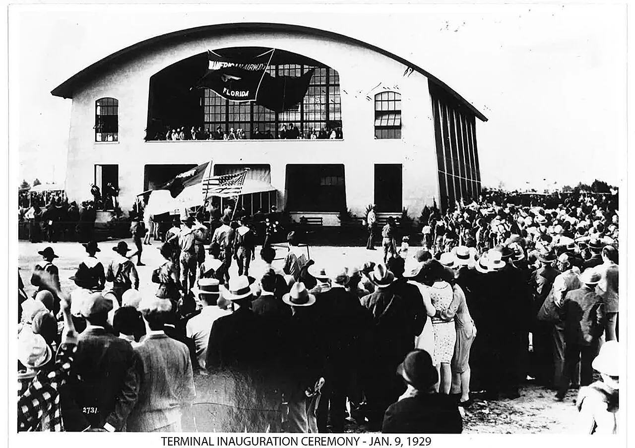 Pan American Airways Airport terminal at Miami's NW 36th Street on inauguration day, January 9, 1929. The dedication of the new airport attracted thousands of enthusiastic Miami spectators and was attended by local and v