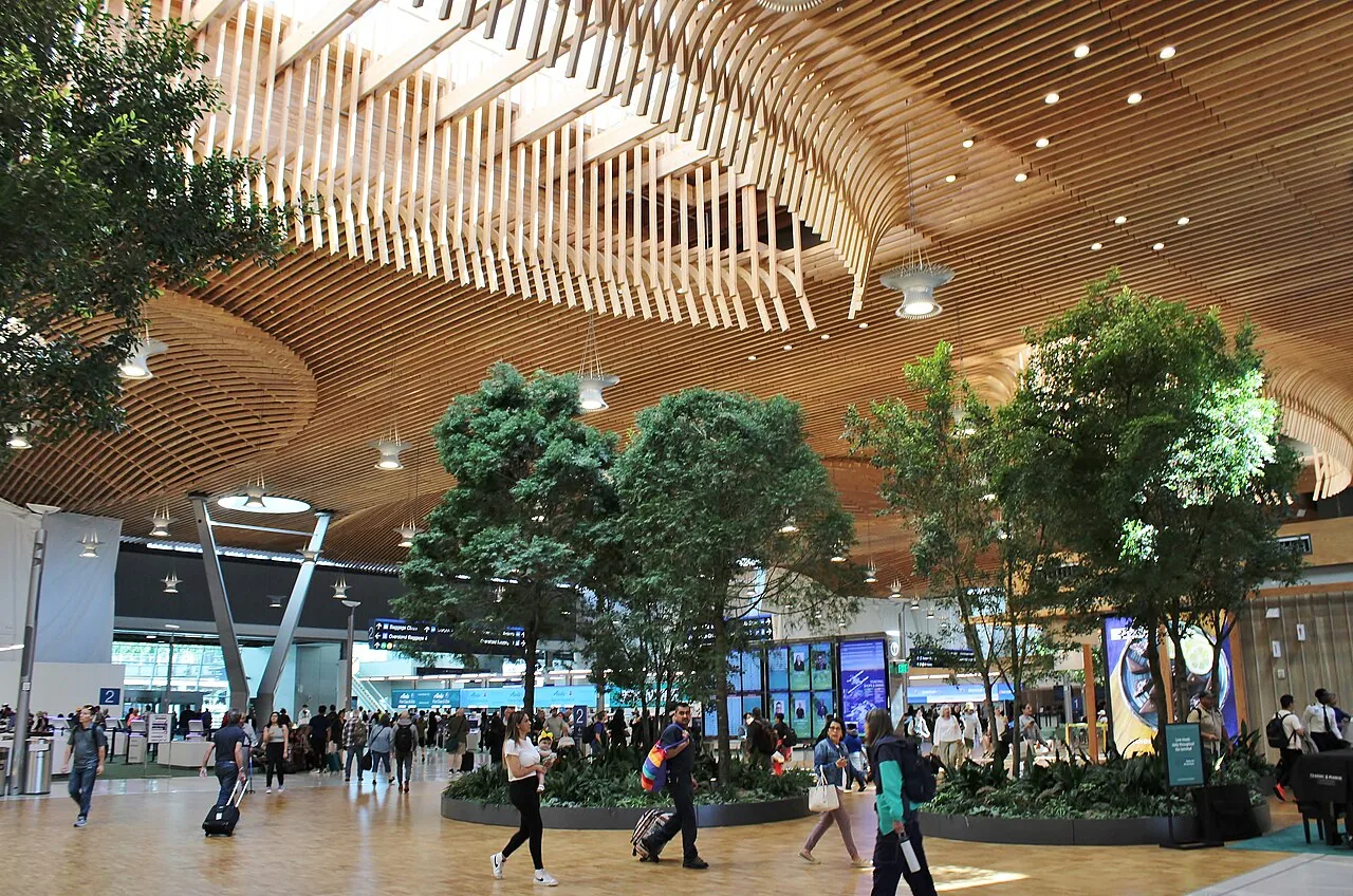 The renovated main terminal at Portland International Airport shortly after a new area with a large wooden roof opened to the public.