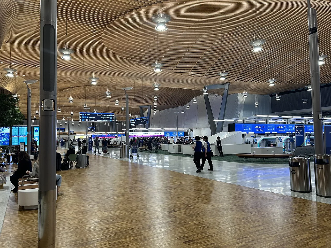 The remodeled PDX Airport Terminal check-in counters