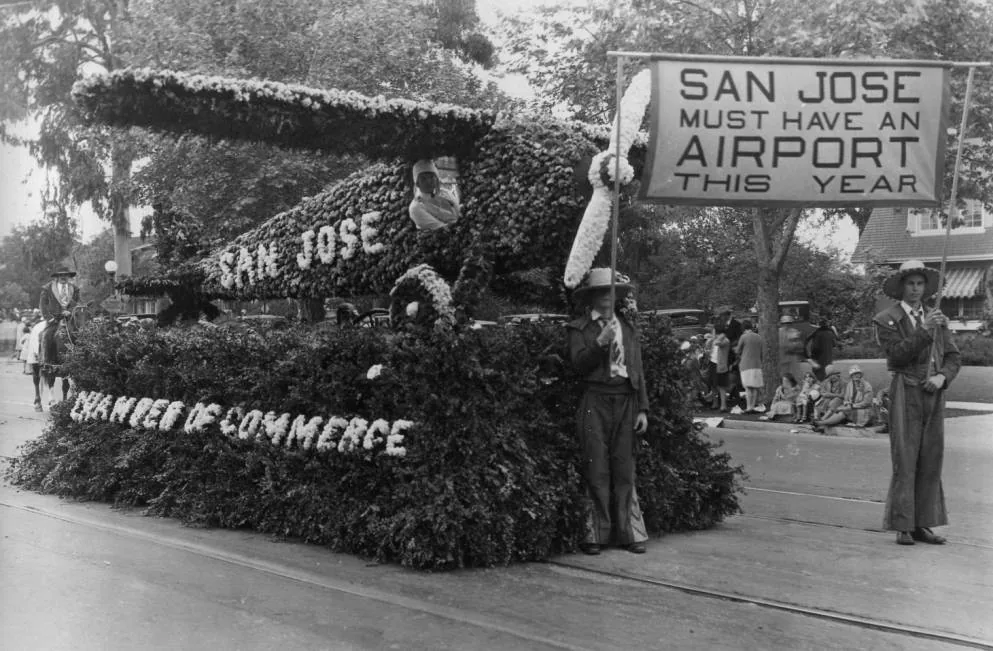 May 18, 1929 - Frank J. Steiner (photographer). Fiesta de las Rosas Parade. Photographic Album, 1929Sponsored by the San Jose Chamber of Commerce, this float is an airplane made of green shrubs more than 20 feet long and