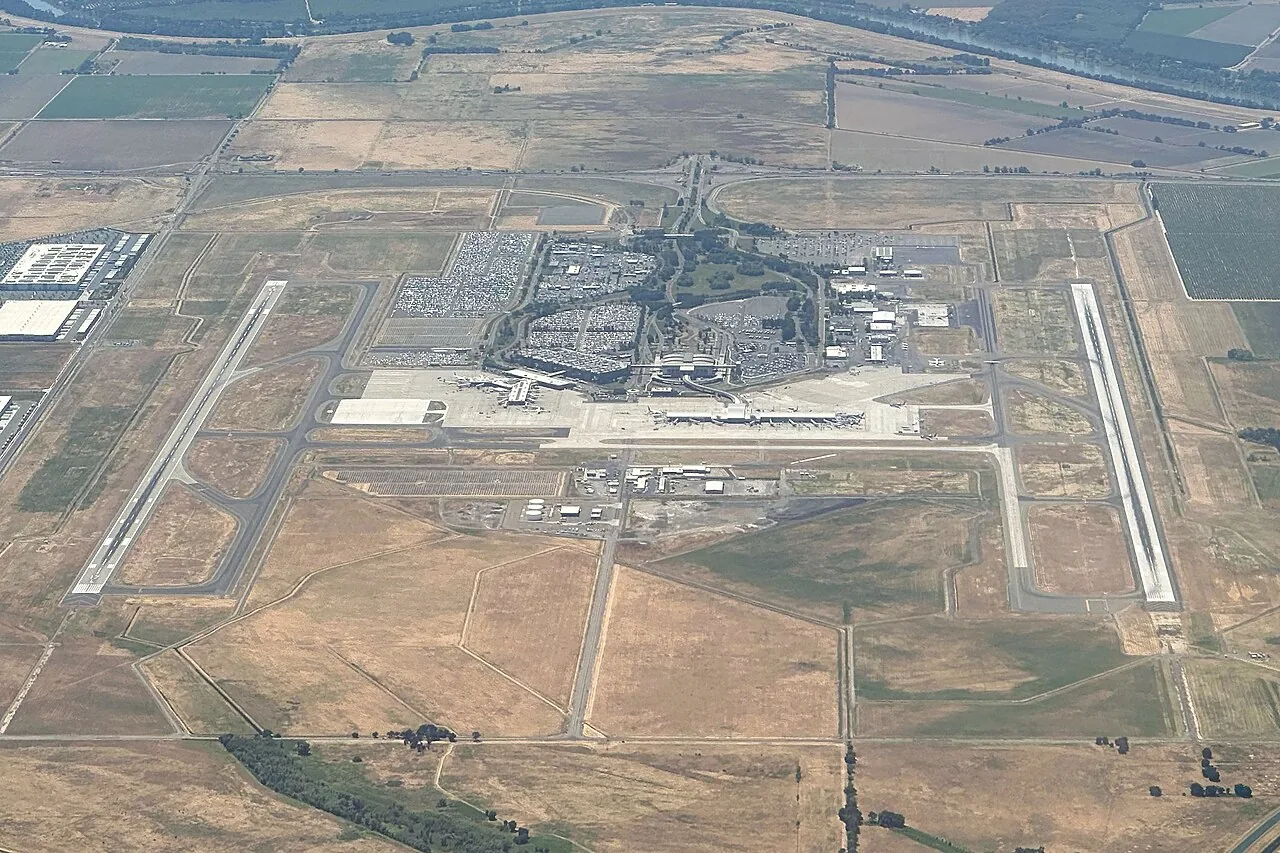 Aerial view of Sacramento International Airport in Sacramento, California.
