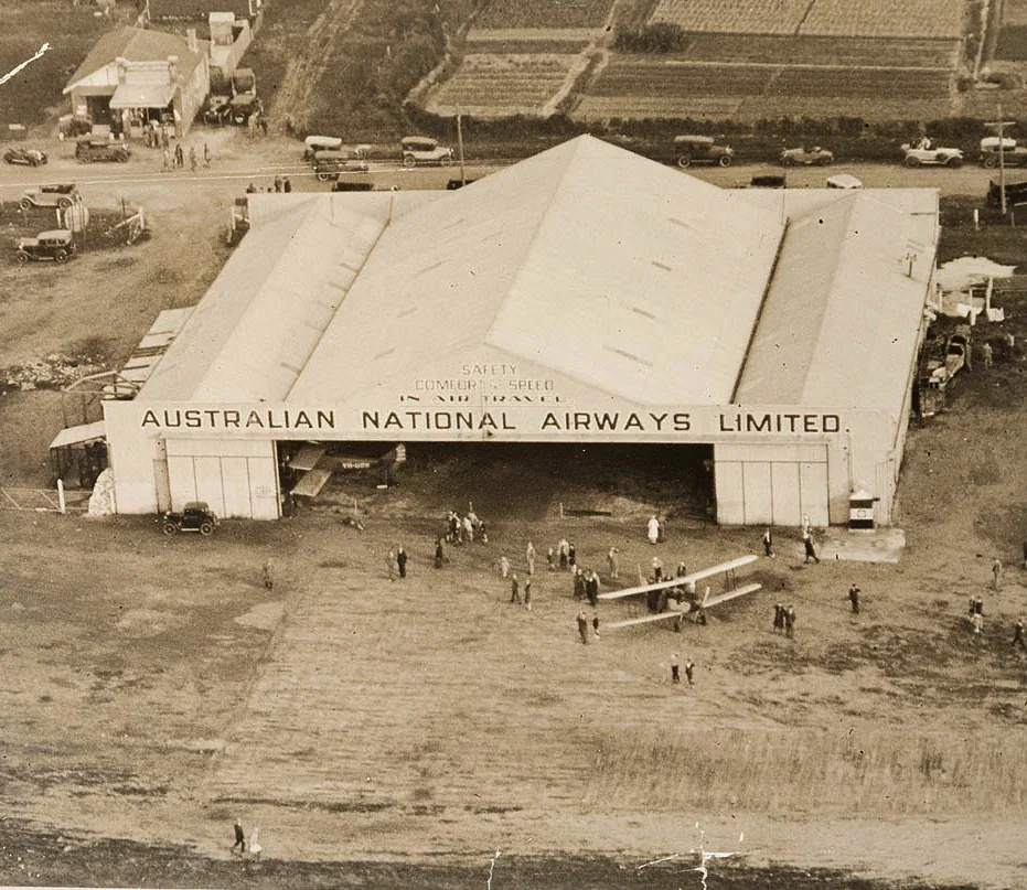 Australian National Airways Limited (A.N.A.) hanger completed, Kingsford Smith Airport, Mascot, 1929 - 1931, from vintage print in Charles T.P. Ulm collection of historical aviation photographs, State Library of New Sout